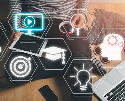 Man on his device, surrounded by tech or cybersecurity symbols