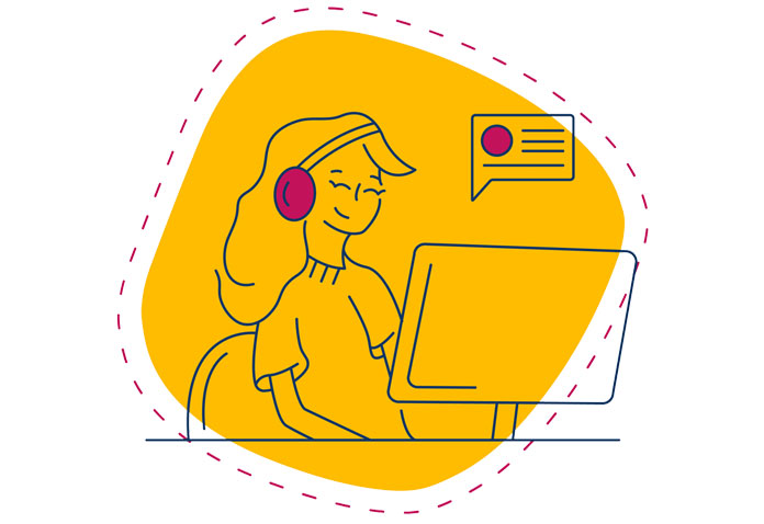 Cartoon girl with headphones on computer
