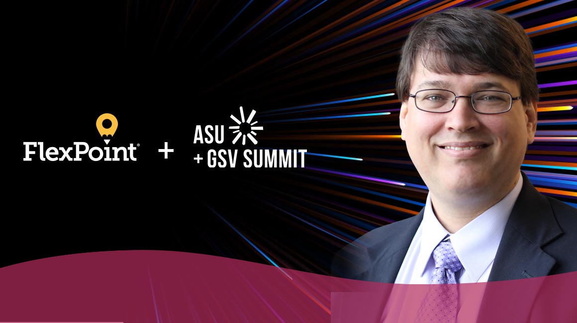 Headshot of Marty Kelly, Sr. Director of Curriculum Development, and the FlexPoint and ASU+GSV Summit logos 