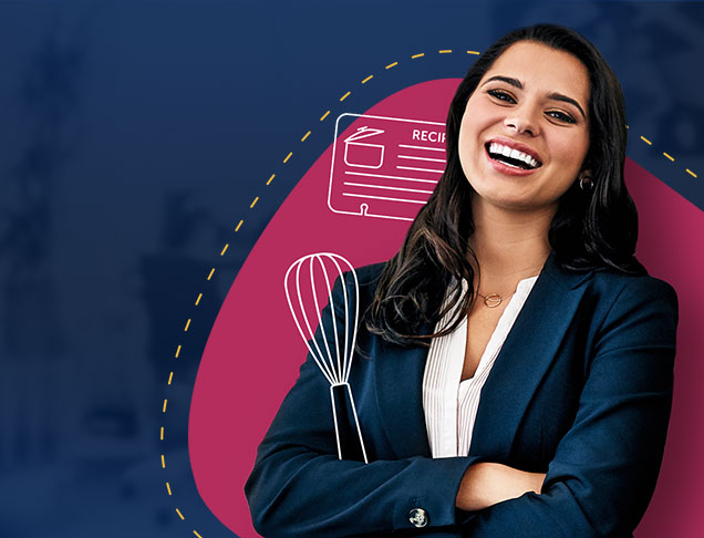 Picture shows a smiling woman in a business suit with a graphic illustration of a whisk and recipe card. Logo: FlexPoint Education Cloud.