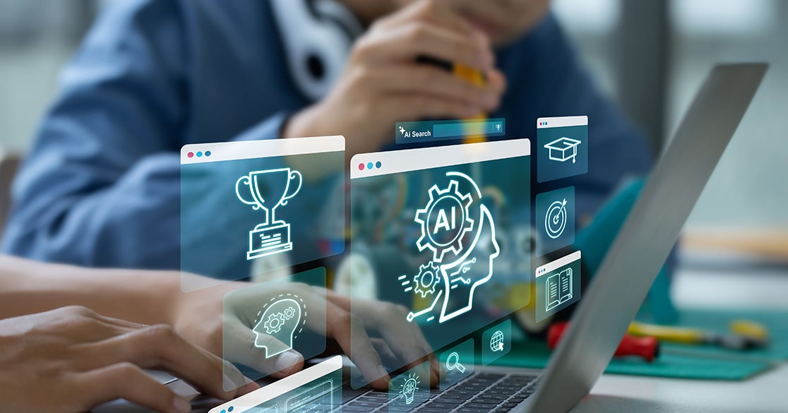 Laptop with AI icons representing education and innovation, highlighting artificial intelligence tools for K–12 learning.