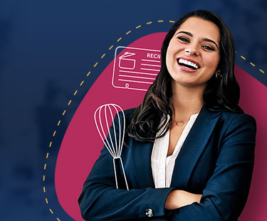 Picture shows a smiling woman in a business suit with a graphic illustration of a whisk and recipe card. Logo: FlexPoint Education Cloud.